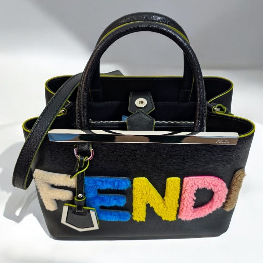 Fendi 2Jours Black Leather Tote Crossbody Bag Multicolor Shearling Logo - Picture 15 of 16